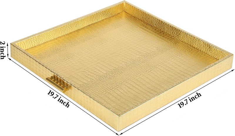 HofferRuffer Elegant Decorative Serving Tray 20x20 Square Faux Leather Ottoman Tray with Gold Hardware Handles Coffee Table Serve Tea Coffee or Breakfast Gold Square20 inch - Image 2