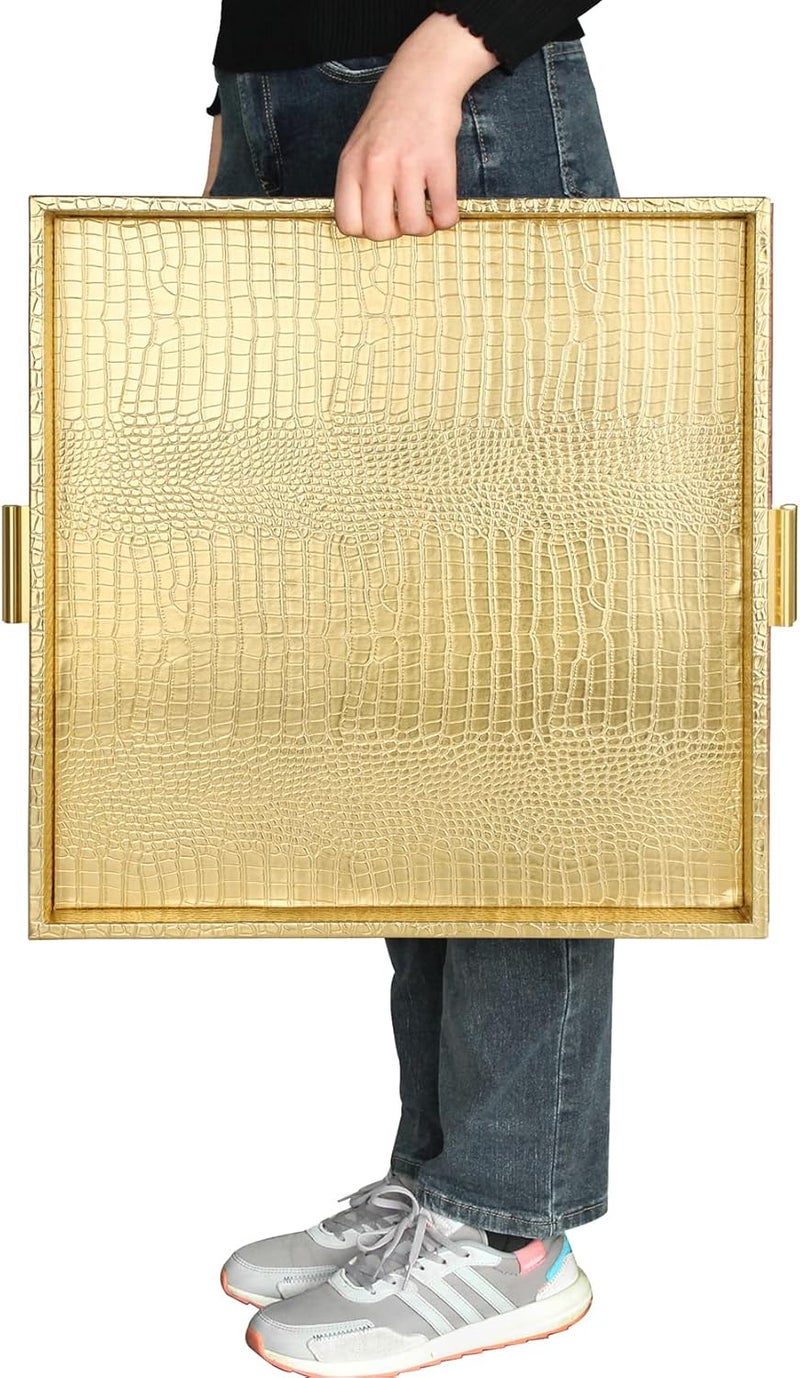 HofferRuffer Elegant Decorative Serving Tray 20x20 Square Faux Leather Ottoman Tray with Gold Hardware Handles Coffee Table Serve Tea Coffee or Breakfast Gold Square20 inch - Image 5