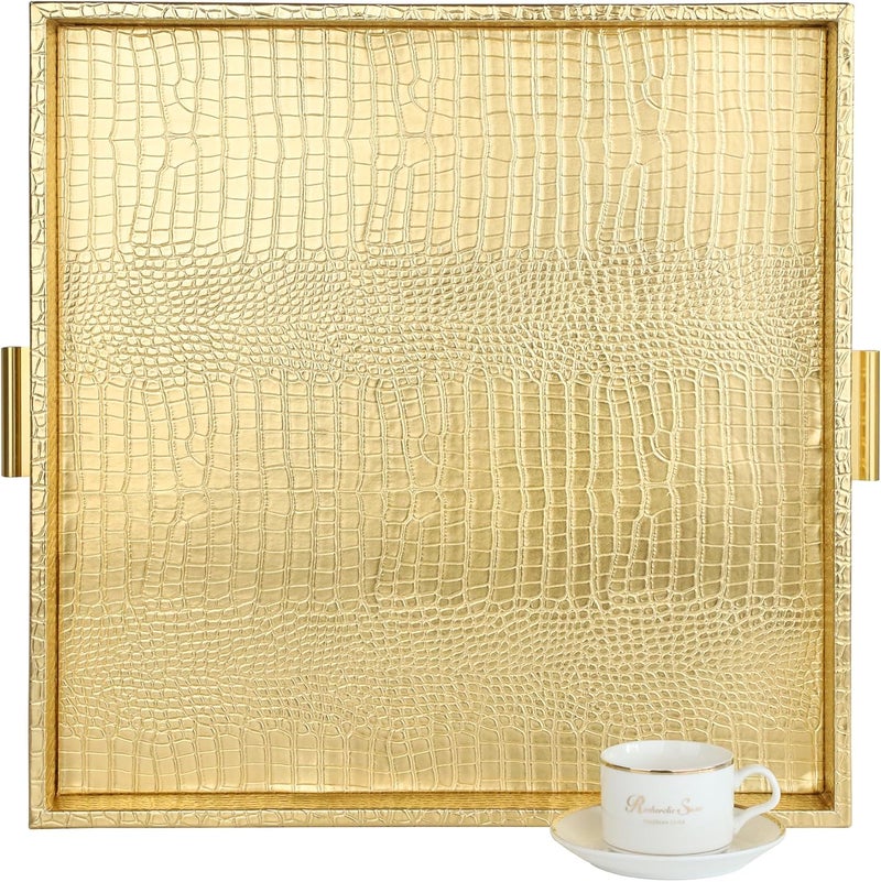 HofferRuffer Elegant Decorative Serving Tray 20x20 Square Faux Leather Ottoman Tray with Gold Hardware Handles Coffee Table Serve Tea Coffee or Breakfast Gold Square20 inch - Image 1