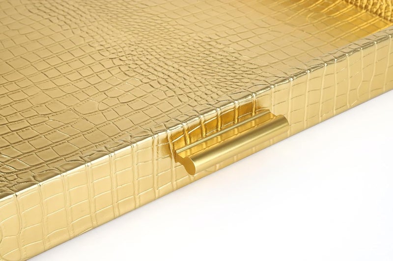HofferRuffer Elegant Decorative Serving Tray 20x20 Square Faux Leather Ottoman Tray with Gold Hardware Handles Coffee Table Serve Tea Coffee or Breakfast Gold Square20 inch - Image 3