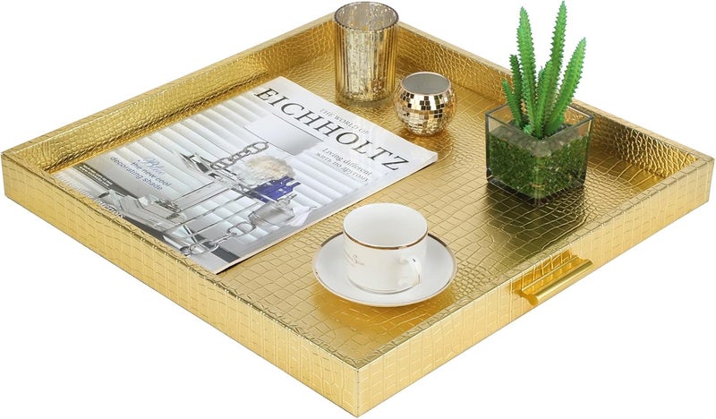 HofferRuffer Elegant Decorative Serving Tray 20x20 Square Faux Leather Ottoman Tray with Gold Hardware Handles Coffee Table Serve Tea Coffee or Breakfast Gold Square20 inch - Image 4