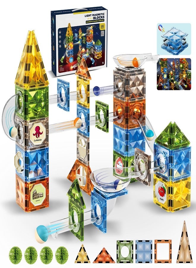 ROHSCE Glowing Magnetic Marble Run Set 142PCS, STEM Educational Magnet Building Toys, 4D Diamond Surface Light Magnetic Tracks, Creative Marble Maze Gift for Boys and Girls Ages 3-12 - Image 1