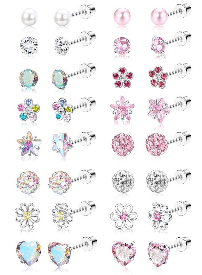 THUNARAZ 16 Pairs Hypoallergenic Earrings for Girls Kids Women Surgical Stainless Steel Earrings for Sensitive Ears Cute Flower Heart Ball Toddler Screw Back Stud Earring Flat Back Earring Set 20G - Image 1