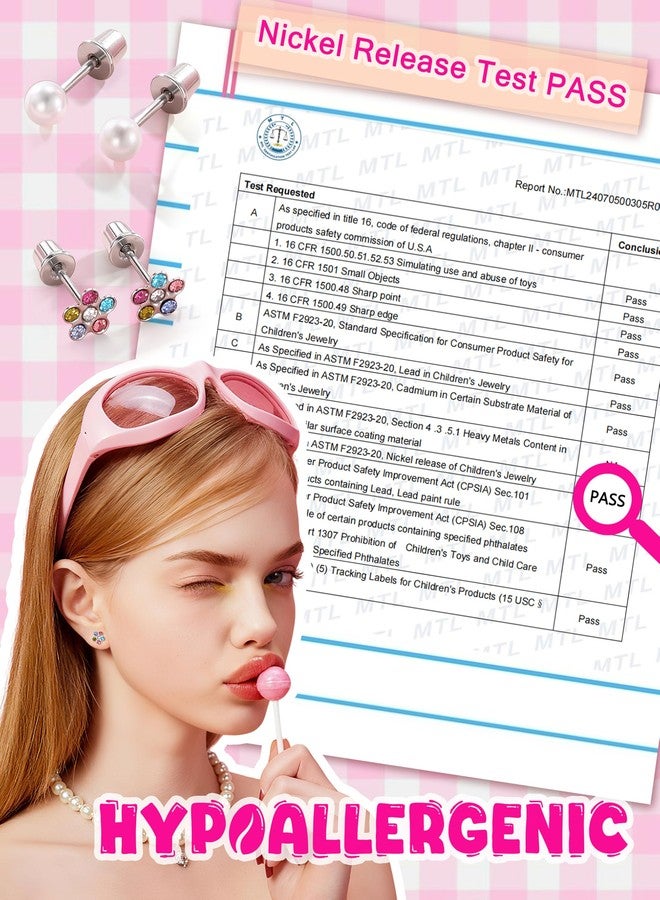 THUNARAZ 16 Pairs Hypoallergenic Earrings for Girls Kids Women Surgical Stainless Steel Earrings for Sensitive Ears Cute Flower Heart Ball Toddler Screw Back Stud Earring Flat Back Earring Set 20G - Image 4