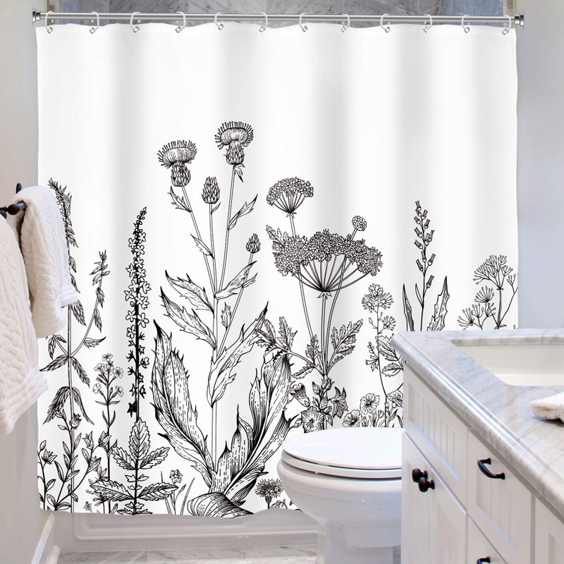 Riyidecor Black White Floral Wildflower Shower Curtain for Bathroom Decor 72Wx72H Vintage Rustic Botanical Plant Leaves Farmhouse Nature Art Printed Fabric Polyester Waterproof 12 Pack Plastic Hooks - Image 4