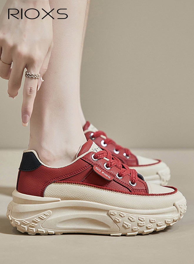 ريوكس حذاء رياضي نسائي بقاعدة سميكة، حذاء رياضي نسائي عصري بقاعدة سميكة 4.5 سم، حذاء رياضي كلاسيكي برباط، حذاء مريح للمشي، حذاء رياضي خفيف الوزن ومضاد للانزلاق للركض/الجري/التسوق/الارتداء اليومي، أحمر - Image 2