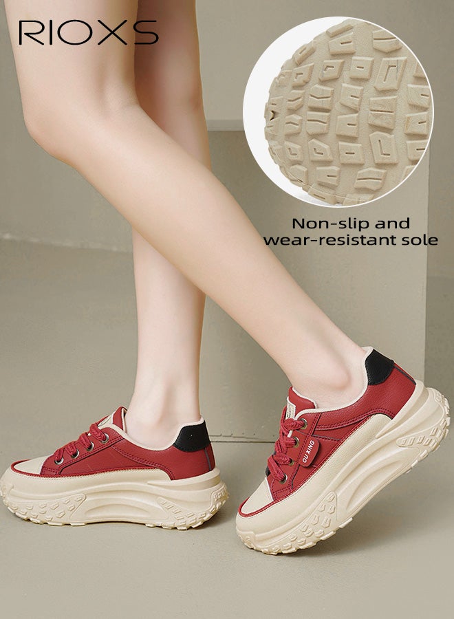 ريوكس حذاء رياضي نسائي بقاعدة سميكة، حذاء رياضي نسائي عصري بقاعدة سميكة 4.5 سم، حذاء رياضي كلاسيكي برباط، حذاء مريح للمشي، حذاء رياضي خفيف الوزن ومضاد للانزلاق للركض/الجري/التسوق/الارتداء اليومي، أحمر - Image 4