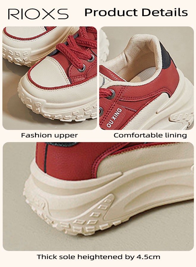 ريوكس حذاء رياضي نسائي بقاعدة سميكة، حذاء رياضي نسائي عصري بقاعدة سميكة 4.5 سم، حذاء رياضي كلاسيكي برباط، حذاء مريح للمشي، حذاء رياضي خفيف الوزن ومضاد للانزلاق للركض/الجري/التسوق/الارتداء اليومي، أحمر - Image 5