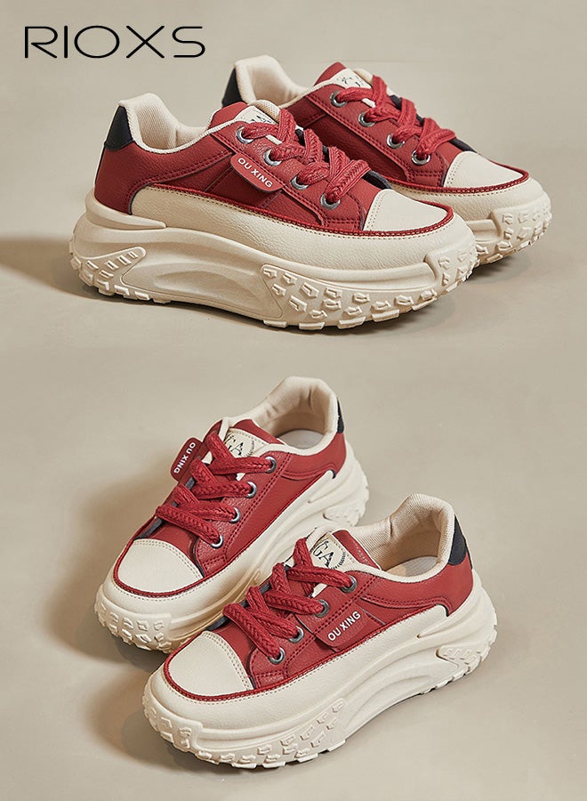 ريوكس حذاء رياضي نسائي بقاعدة سميكة، حذاء رياضي نسائي عصري بقاعدة سميكة 4.5 سم، حذاء رياضي كلاسيكي برباط، حذاء مريح للمشي، حذاء رياضي خفيف الوزن ومضاد للانزلاق للركض/الجري/التسوق/الارتداء اليومي، أحمر - Image 3