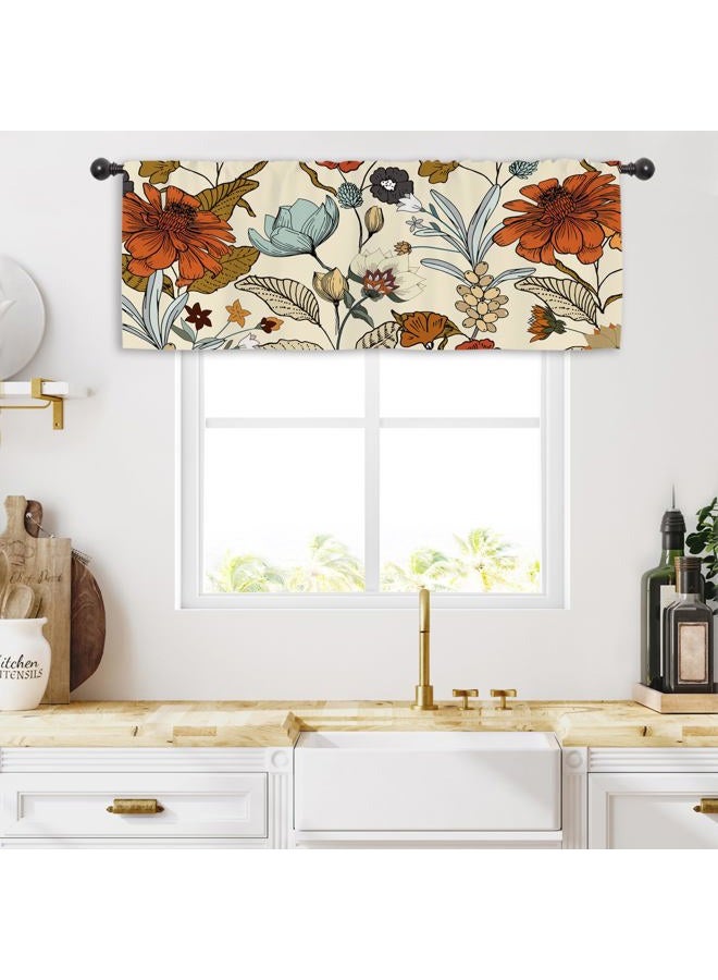 Miyotaa Vintage Flower Floral Kitchen Curtain Valance 54W x 18H Rod Pocket Boho Retro Burnt Orange Blossom Botanical Window Treatment for Living Room Bedroom Bathroom - Image 4