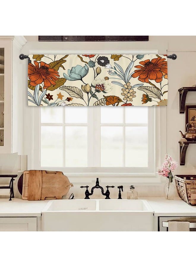 Miyotaa Vintage Flower Floral Kitchen Curtain Valance 54W x 18H Rod Pocket Boho Retro Burnt Orange Blossom Botanical Window Treatment for Living Room Bedroom Bathroom - Image 1