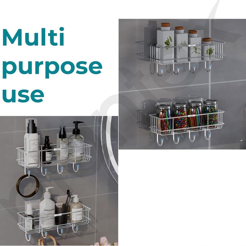 Pathavi Wall-Mounted Storage Basket with Adhesive Hooks – No Drill Multipurpose Organizer Rack for Kitchen, Bathroom & Closet, Rustproof Shelf with 5 Hanging Hooks (Chrome, Pack of 2) - Image 4