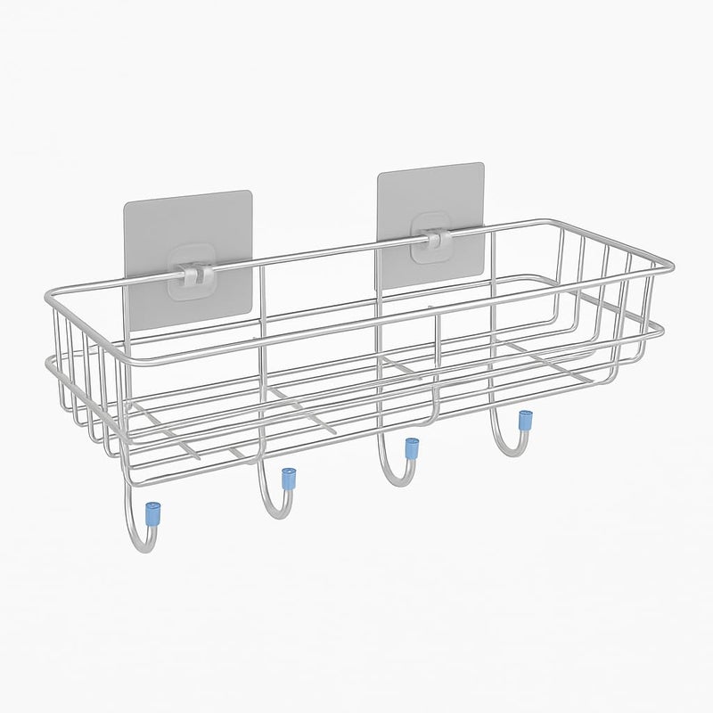 Pathavi Wall-Mounted Storage Basket with Adhesive Hooks – No Drill Multipurpose Organizer Rack for Kitchen, Bathroom & Closet, Rustproof Shelf with 5 Hanging Hooks (Chrome, Pack of 2) - Image 1