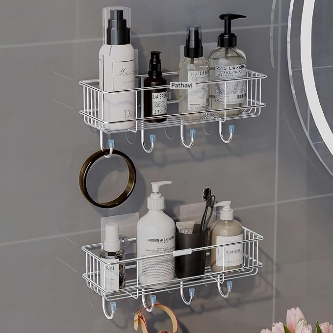 Pathavi Wall-Mounted Storage Basket with Adhesive Hooks – No Drill Multipurpose Organizer Rack for Kitchen, Bathroom & Closet, Rustproof Shelf with 5 Hanging Hooks (Chrome, Pack of 2) - Image 2
