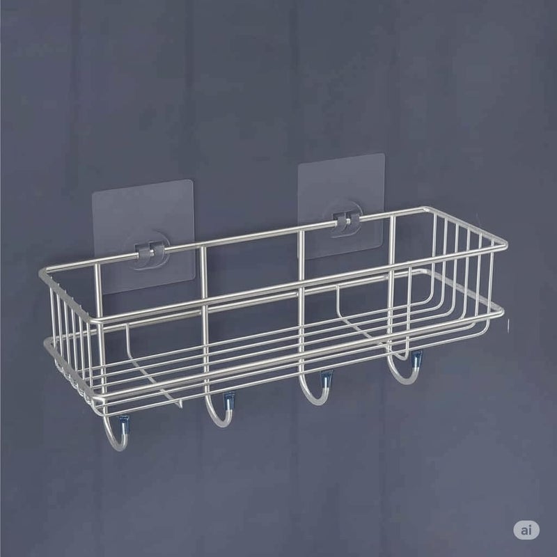 Pathavi Wall-Mounted Storage Basket with Adhesive Hooks – No Drill Multipurpose Organizer Rack for Kitchen, Bathroom & Closet, Rustproof Shelf with 5 Hanging Hooks (Chrome, Pack of 2) - Image 3
