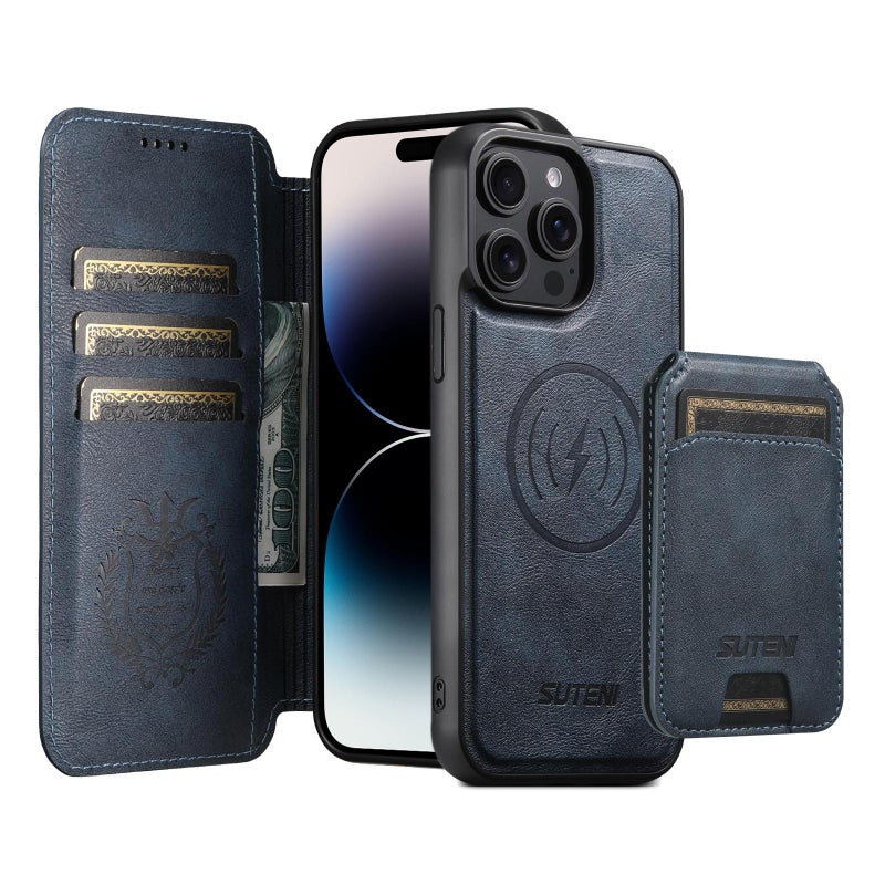 Suteni For Iphone 14 Pro Max Q05S2 3-In-1 Detachable Vertical Flip Wallet Magsafe Leather Phone Case(Blue) - Image 1