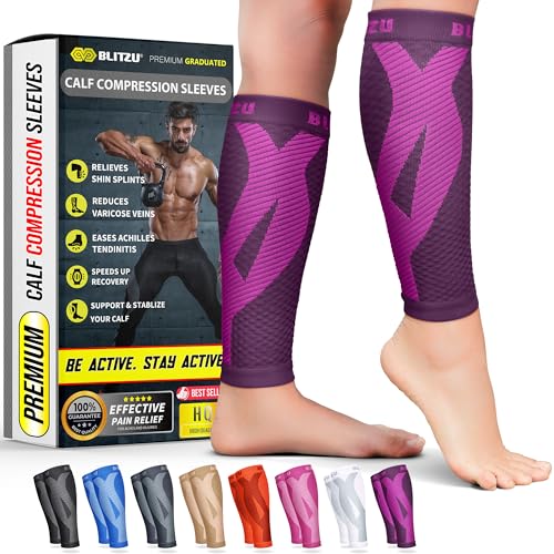 BLITZU Calf Compression Sleeve for Women and Men, Shin Splint Sleeves for Varicose Veins, Nursing, Pregnancy, Running, Footless Compression Socks Support for Calf Muscle Pain Relief Purple S-M - Image 1