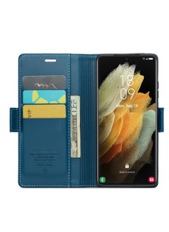 CaseMe Flip Wallet Case For Samsung Galaxy S21 Ultra, [RFID Blocking] PU Leather Wallet Flip Folio Case with Card Holder Kickstand Shockproof Phone Cover (Blue)  - Image 5