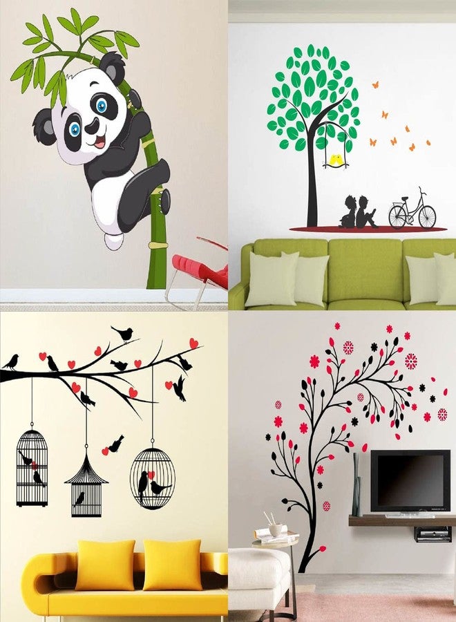 Merical PVC Vinyl Self-Adhesive Baby Panda, Kids Under Tree, Lovebirds & Hearts, Magical Tree Wall Sticker for Kids Room Decoration, Home Décor, Living Room, Hall, Bedroom (Set of 4) - Image 1