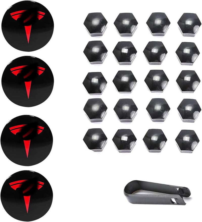 Tesheer Wheel Center Hub Cap Kit with Tesla Emble Brand Center Caps for Model 3 Model Y with 20 Lug Nut Covers (4PCS) (Red) - Image 2
