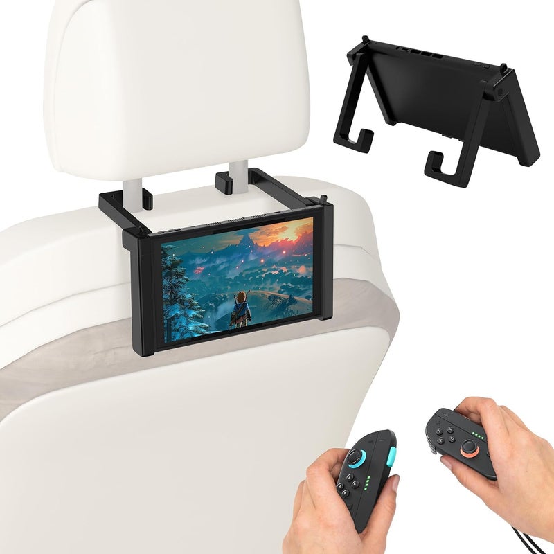 حامل طاولة السيارة، حامل لوحي قابل للدوران لمسند رأس السيارة، حامل بسيط قابل للتعديل لـ Switch 2، حامل طاولة قابل للطي لوحدة تحكم الألعاب المحمولة للعب في أي وقت وفي أي مكان (أسود) - Image 1