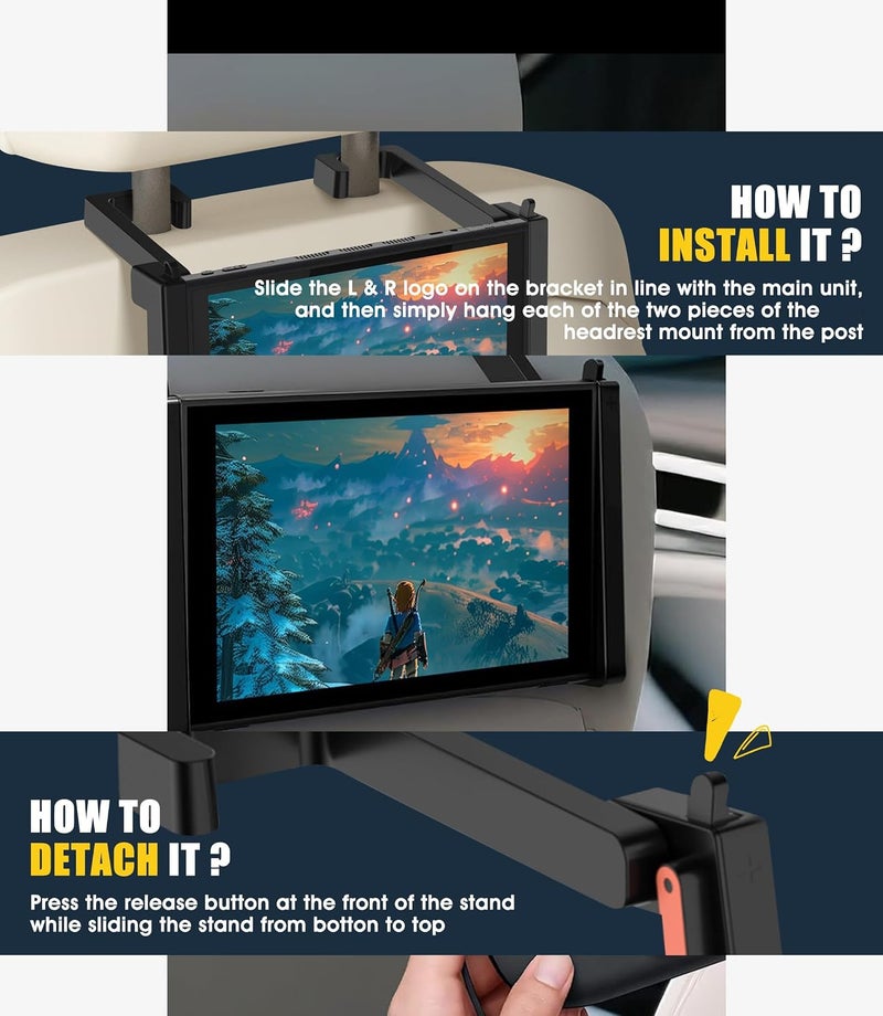 حامل طاولة السيارة، حامل لوحي قابل للدوران لمسند رأس السيارة، حامل بسيط قابل للتعديل لـ Switch 2، حامل طاولة قابل للطي لوحدة تحكم الألعاب المحمولة للعب في أي وقت وفي أي مكان (أسود) - Image 5