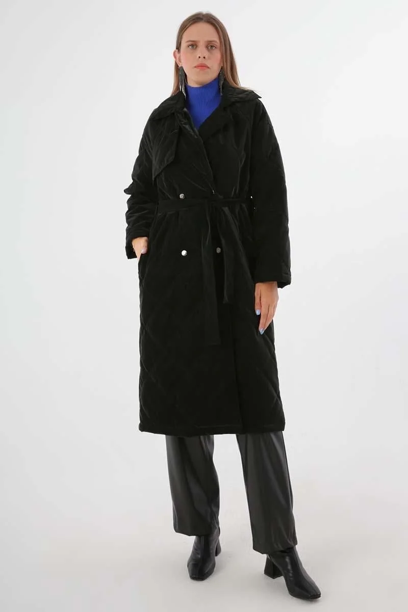 Allday Black-Quilted Coat with Snap-Button Belt
