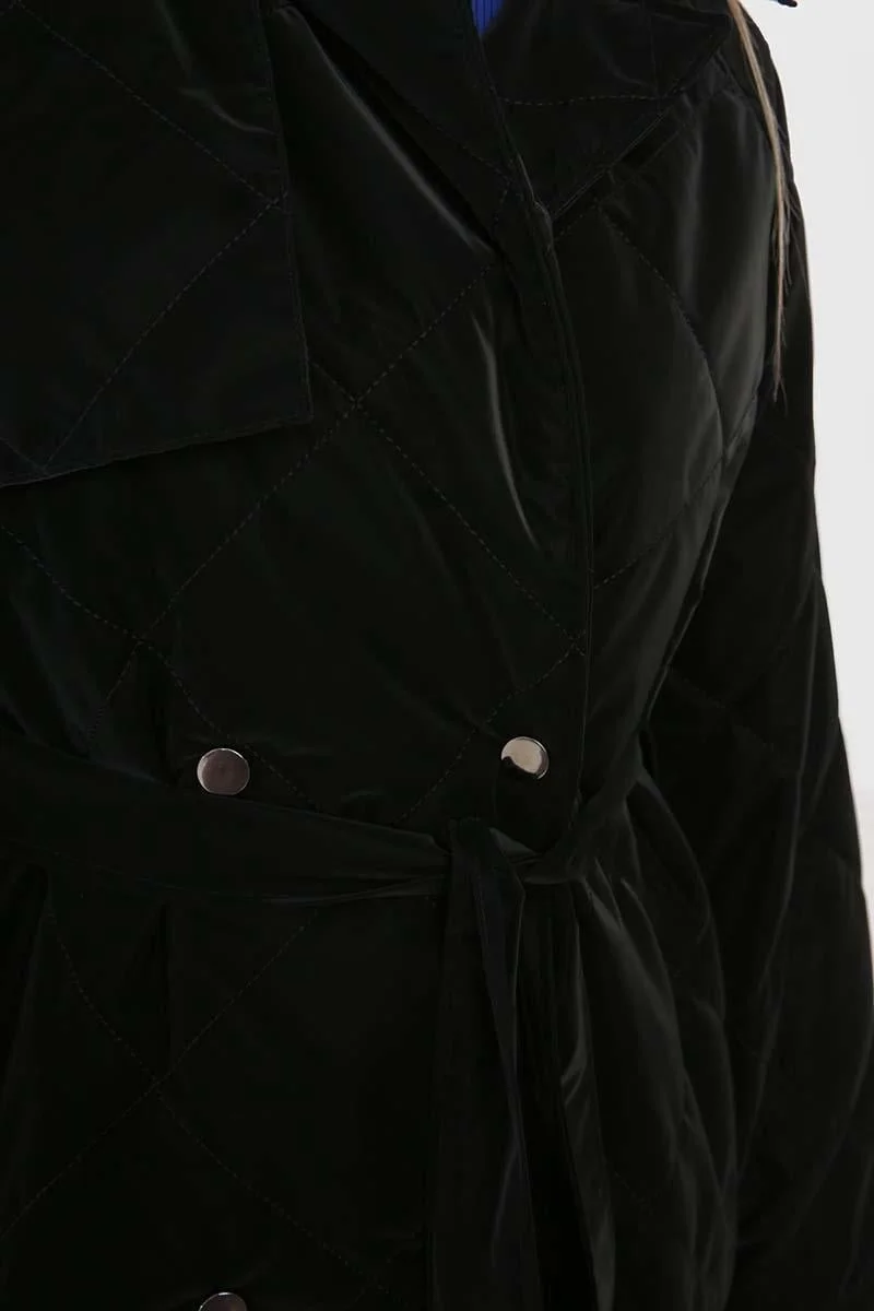 Allday Black-Quilted Coat with Snap-Button Belt