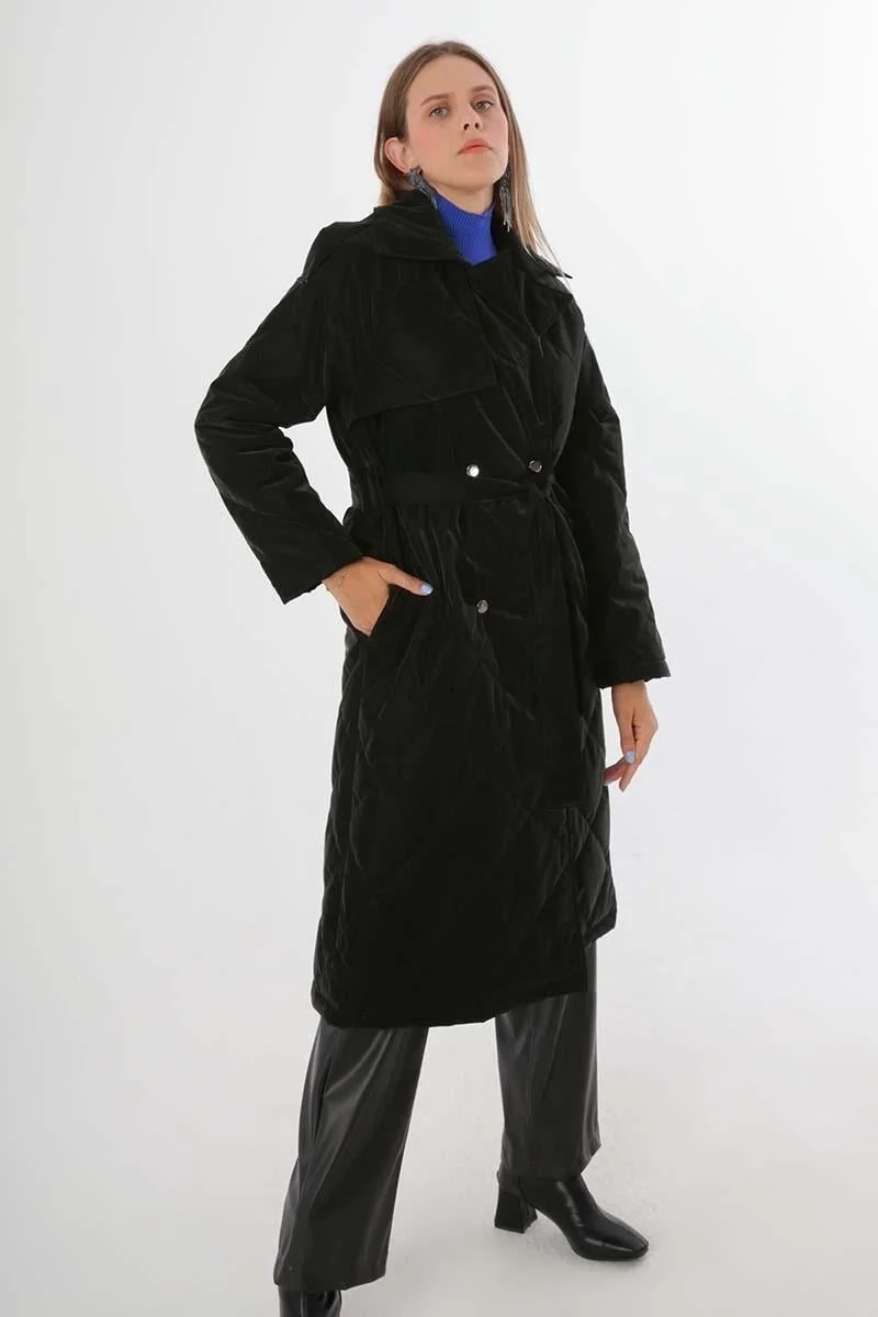 Allday Black-Quilted Coat with Snap-Button Belt