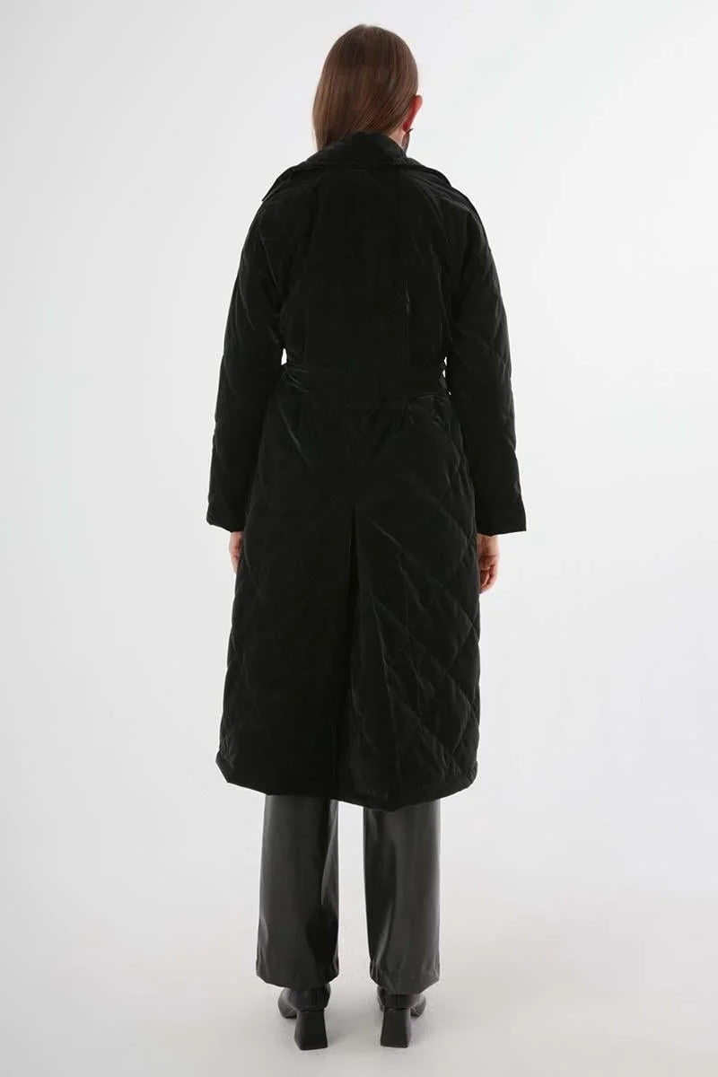 Allday Black-Quilted Coat with Snap-Button Belt