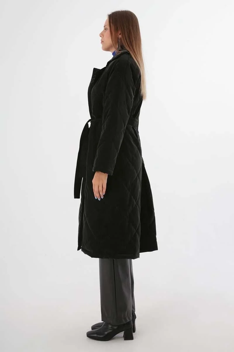 Allday Black-Quilted Coat with Snap-Button Belt
