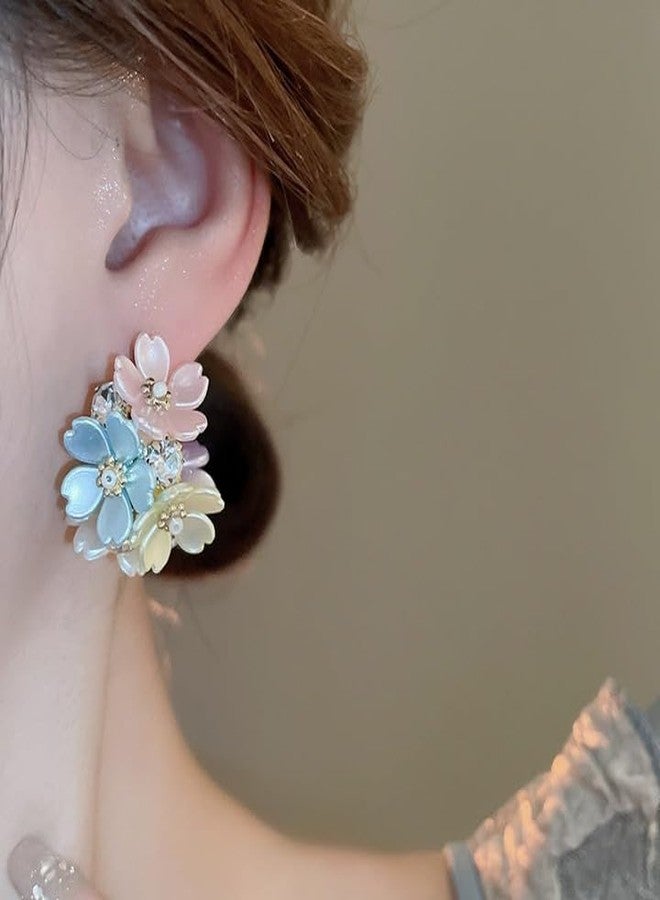 ZEELPETAL Multi Flower Hoop Earrings, French Wreath Cluster Earrings, Bridal Earrings, Wedding Party Women's And Girl's Fashion Accessory, Elegant Style Earrings For Festivals, Set of 1, Multi Color. - Image 2