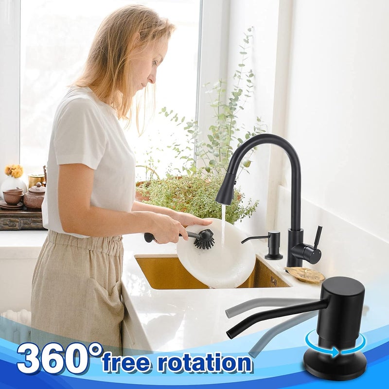 WEWE Built in Soap Dispenser for Kitchen Sink , Stainless Steel Matte Black in Counter soap Dispenser Refill from the Top 10oz Large Liquid Bottle | 3-inch reasonable arch nozzle, 360° Swivel, Pass over 50,000 pressing test, 304 Stainless Steel, fit most sink - Image 3