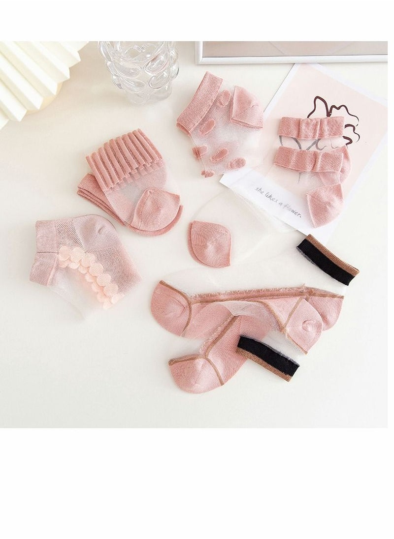 SYOSI Socks, Silk Socks, Summer Mesh Silk Socks, Pink Transparent Ankle Socks, Lace Sheer Sock, Elastic Ultrathin Short Silk Stockings, for Women and Girls, 5 Pairs  - Image 3