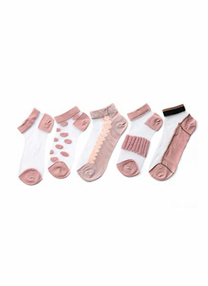 SYOSI Socks, Silk Socks, Summer Mesh Silk Socks, Pink Transparent Ankle Socks, Lace Sheer Sock, Elastic Ultrathin Short Silk Stockings, for Women and Girls, 5 Pairs  - Image 1
