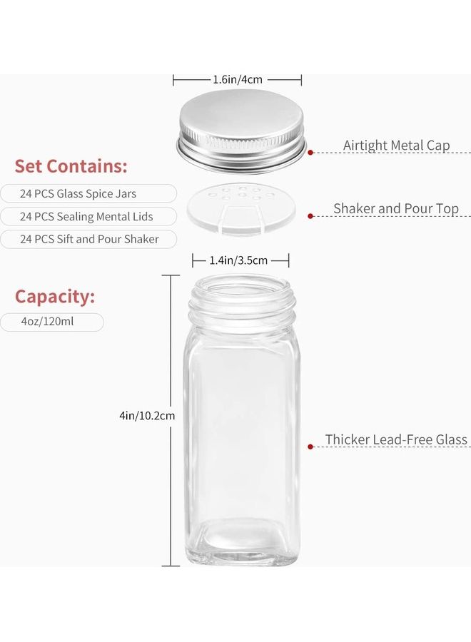 XiuWoo 24-Piece Glass Spice Jar Set with Airtight Metal Caps - 120ml Empty Square Spice Containers with Shaker Lids, Labels, Silicone Collapsible Funnel, Sponge Brush, White board Pen Included Multicolour  - Image 2