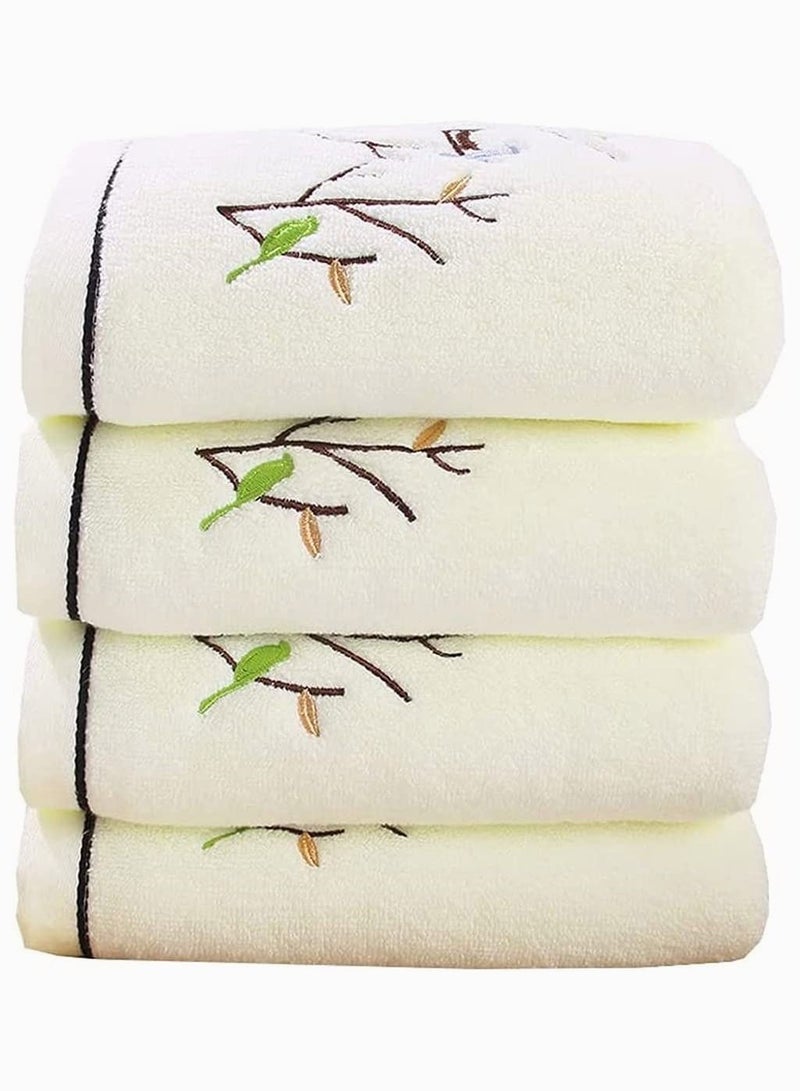 Face Towels SYOSI Bird And Tree Pattern Cotton Highly Absorbent Soft Luxury Towel For Bathroom Milky White 4 Pieces - Image 1
