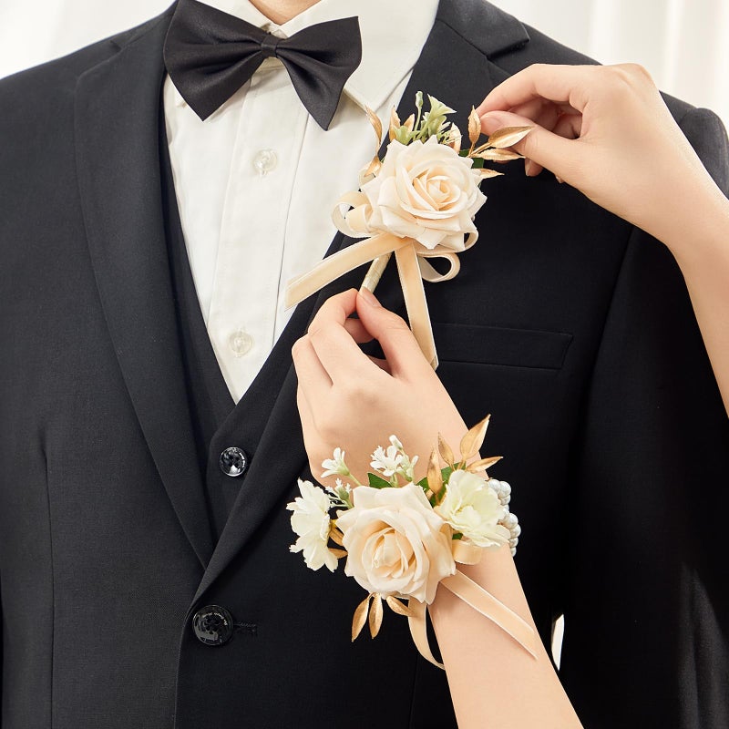 Serwalin Champagne Rose Corsage and Boutonniere Set, 2 Pcs Boutonniere and Wrist Corsage Wristlet Prom Flowers Wedding Ceremony Party Accessories Suit Decorations - Image 1
