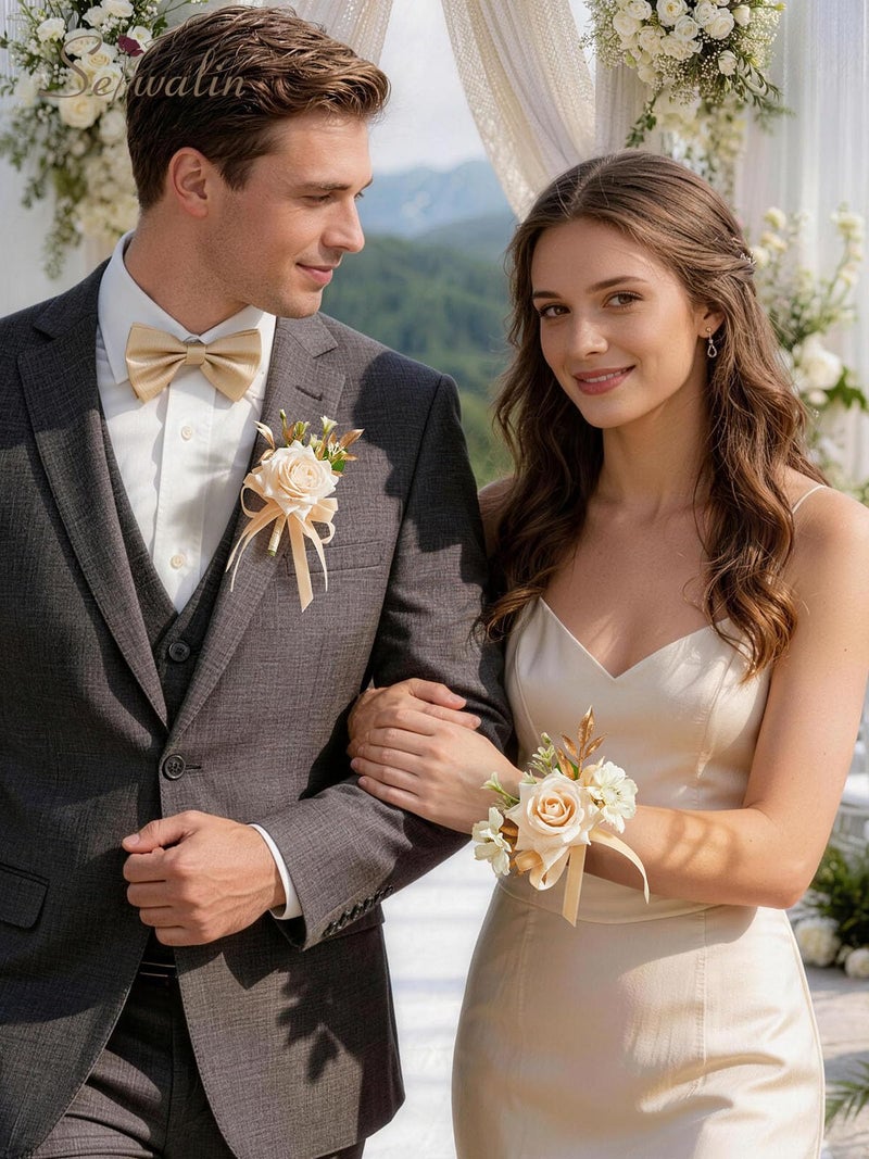 Serwalin Champagne Rose Corsage and Boutonniere Set, 2 Pcs Boutonniere and Wrist Corsage Wristlet Prom Flowers Wedding Ceremony Party Accessories Suit Decorations - Image 3