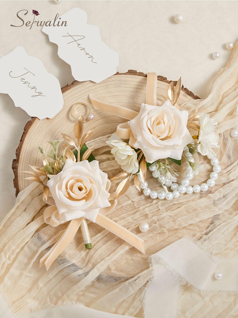 Serwalin Champagne Rose Corsage and Boutonniere Set, 2 Pcs Boutonniere and Wrist Corsage Wristlet Prom Flowers Wedding Ceremony Party Accessories Suit Decorations - Image 4