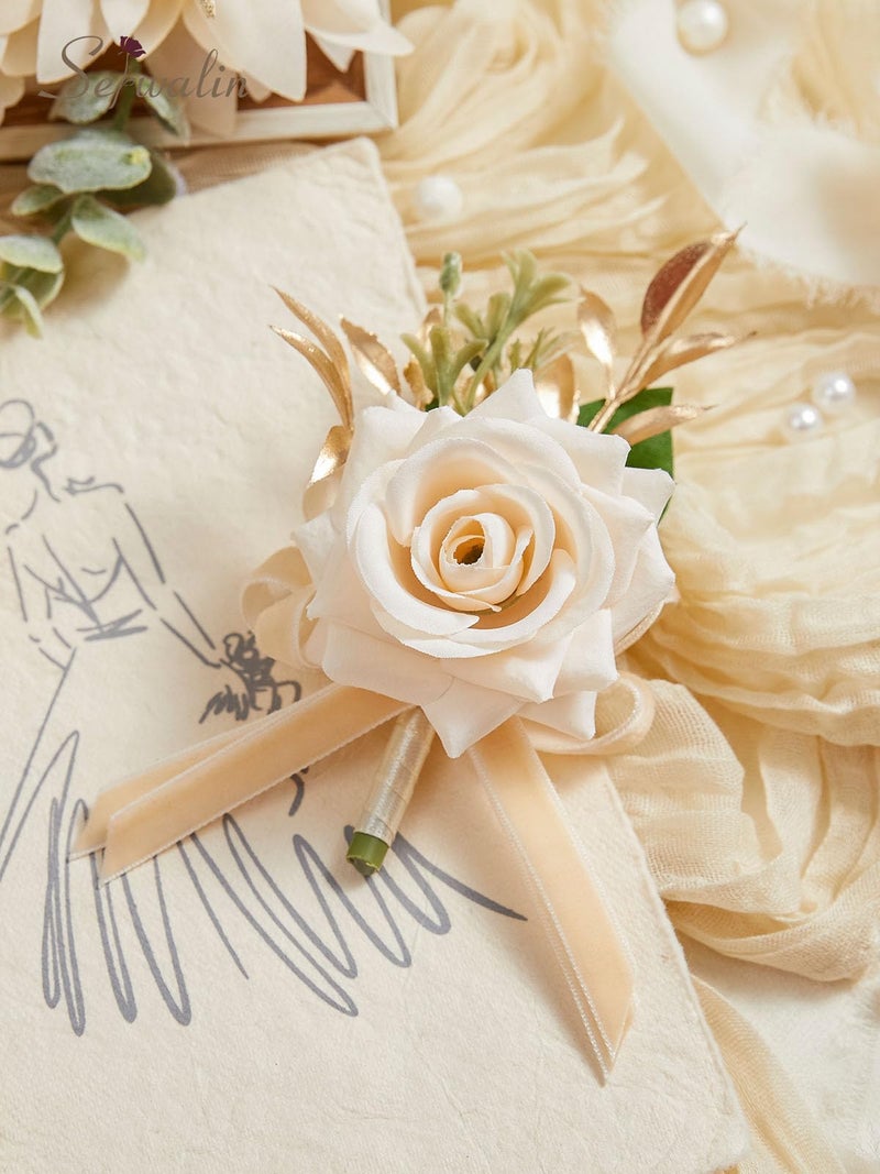 Serwalin Champagne Rose Corsage and Boutonniere Set, 2 Pcs Boutonniere and Wrist Corsage Wristlet Prom Flowers Wedding Ceremony Party Accessories Suit Decorations - Image 5