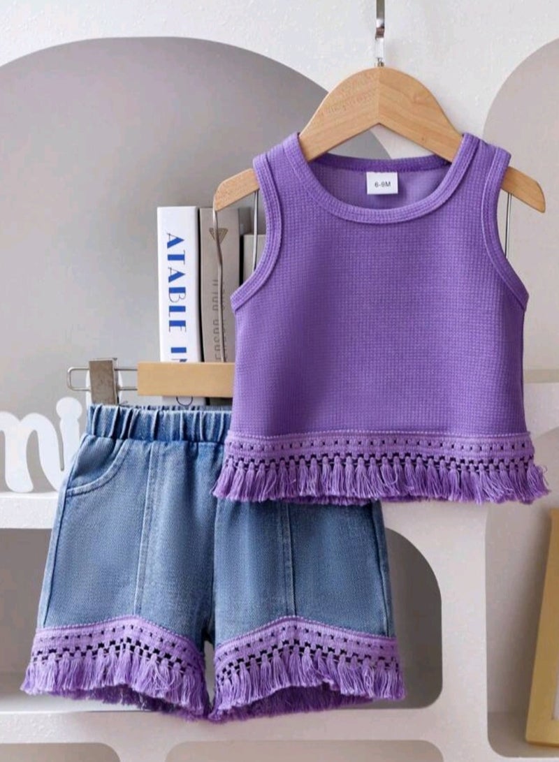 Girls' Sleeveless Tassel Top and Shorts Outfit - Image 1