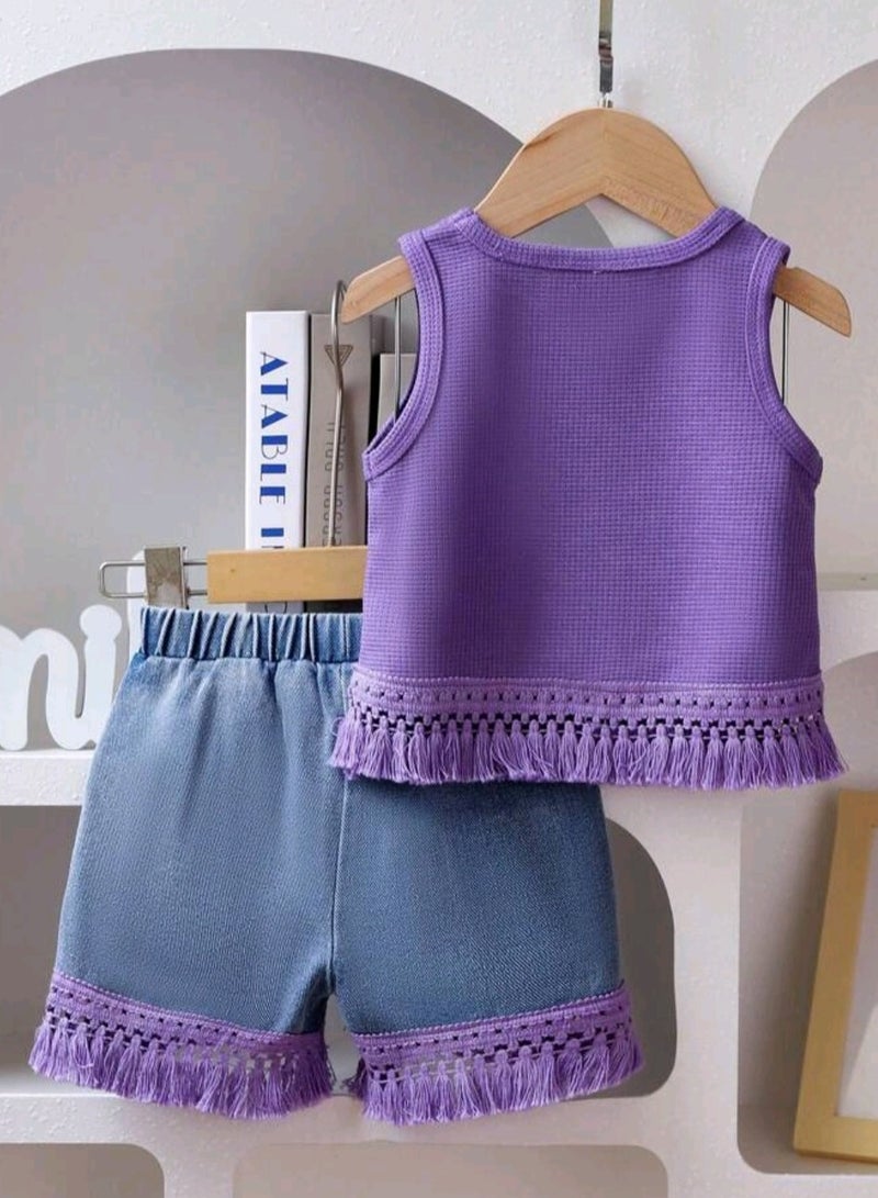 Girls' Sleeveless Tassel Top and Shorts Outfit - Image 2