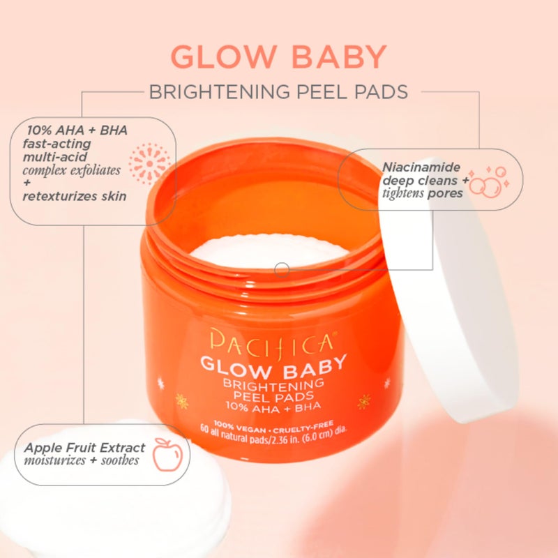 Pacifica Glow Baby Brightening Peel Pads 10% AHA + BHA Exfoliating Face Pads for Glowing Skin Resurfacing Glycolic Acid & Salicylic Acid Pad to Smooth Texture & Minimize Pores Fragrance Free 60 Count - Image 2