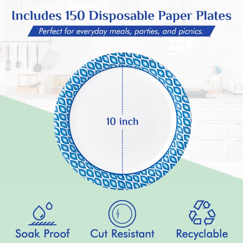 MUCHII Paper Plates 10 Inch  150 Count Soak and Cut Proof  Blue Large Disposable Plates Bulk for Daily Use  Parties - Image 3