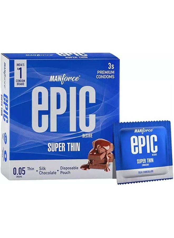 Manforce Epic Desire | Super Thin, Silk Chocolate Flavoured Condoms for Men, 3 Pcs| With Disposable Pouch| Vegan | No Hard Chemicals| Super Thin| Lubricated Latex Condoms - Image 1