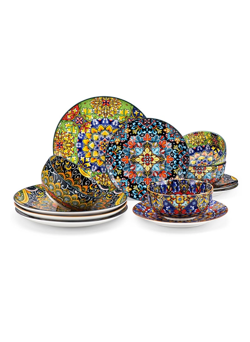 مجموعة أدوات طعام فخارية من 12 قطعة ل4 أشخاص، تشمل 4 قطع أطباق عشاء، 4 قطع أطباق حلوى و4 قطع أوعية، طراز بوهيمي - Image 1