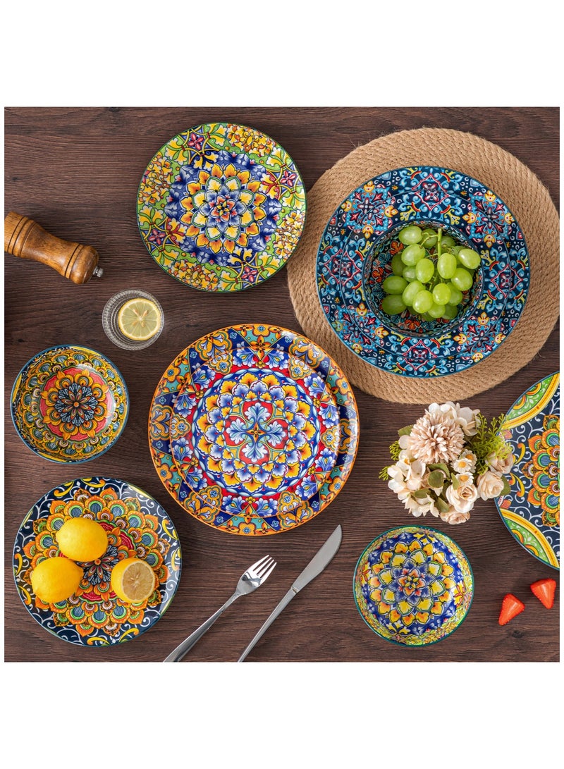 مجموعة أدوات طعام فخارية من 12 قطعة ل4 أشخاص، تشمل 4 قطع أطباق عشاء، 4 قطع أطباق حلوى و4 قطع أوعية، طراز بوهيمي - Image 5