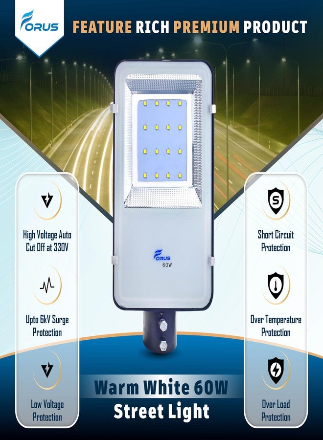 Forus 60W LED Street Light Warm White - IP66 Waterproof Outdoor Lighting Fixture, Energy Efficient Road Lamp with 5-Year Warranty for Street, Garden, Parking Lot, Highway, Backyard - 1PC - Image 2