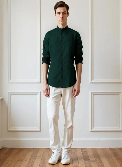 دينيس لينغو Men's Bottle Green Cotton Blend Solid Button Down Regular Fit Shirt